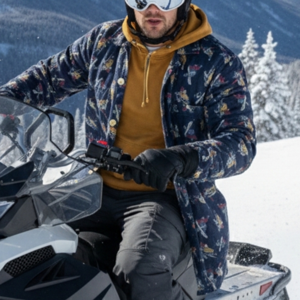 Snowmobile Snowboarders Navy Blue Button-down Long Sleeve Shirt